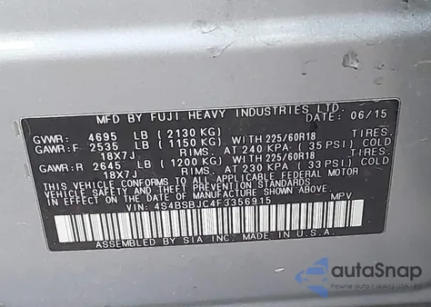 2015 Subaru Outback 2.5I Limited z USA, uszkodzony, nr VIN 4S4BSBJC4F3356915